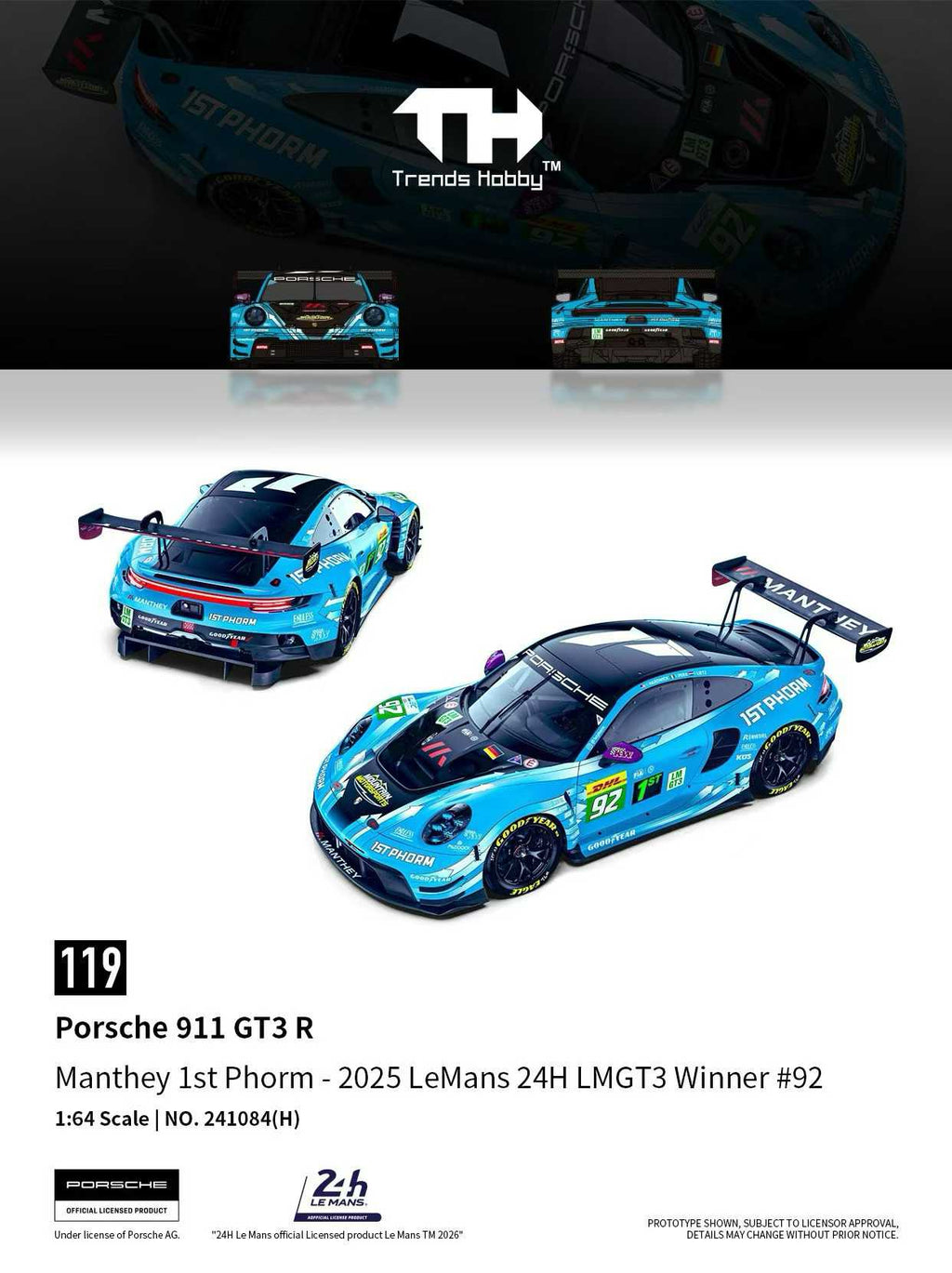(Preorder)Trends Hobby 1/64 Porsche 911 GT3 R – 2025 Le Mans 24H LMGT3 Winner #92 241084(H)