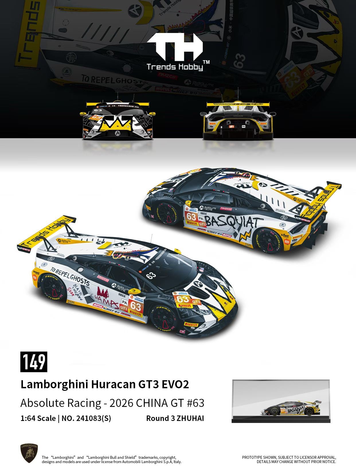 (Preorder) Trends Hobby 1:64 Lamborghini Huracan GT3 EVO2 Absolute Racing – 2026 China GT #63 (Round 3 Zhuhai) 241083(S)
