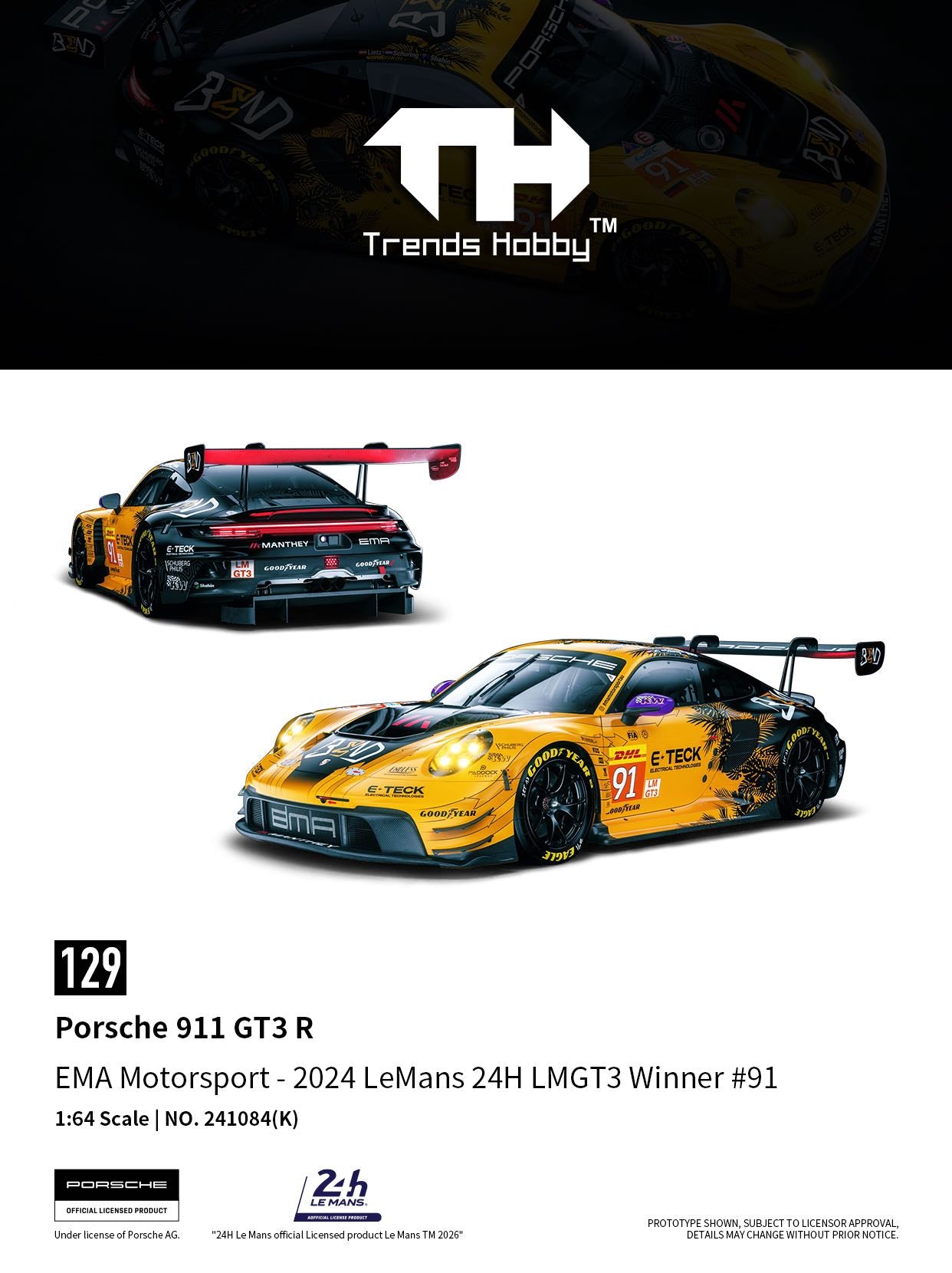 (Preorder) Trends Hobby 1/64 Porsche 911 GT3 R EMA Motorsport-2024 LeMans 24H LMGT3 Winner #91