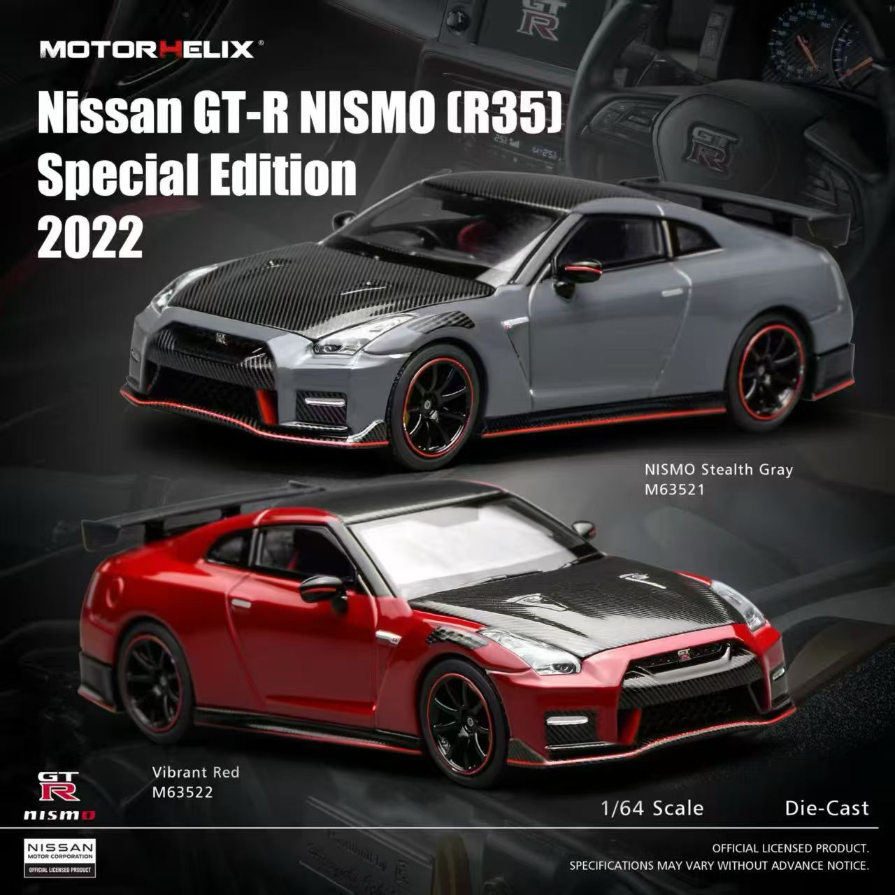 Motorhelix 1:63 Nissan GT-R R35 Nismo 22'(Stealth Gray/Vibrant Red)