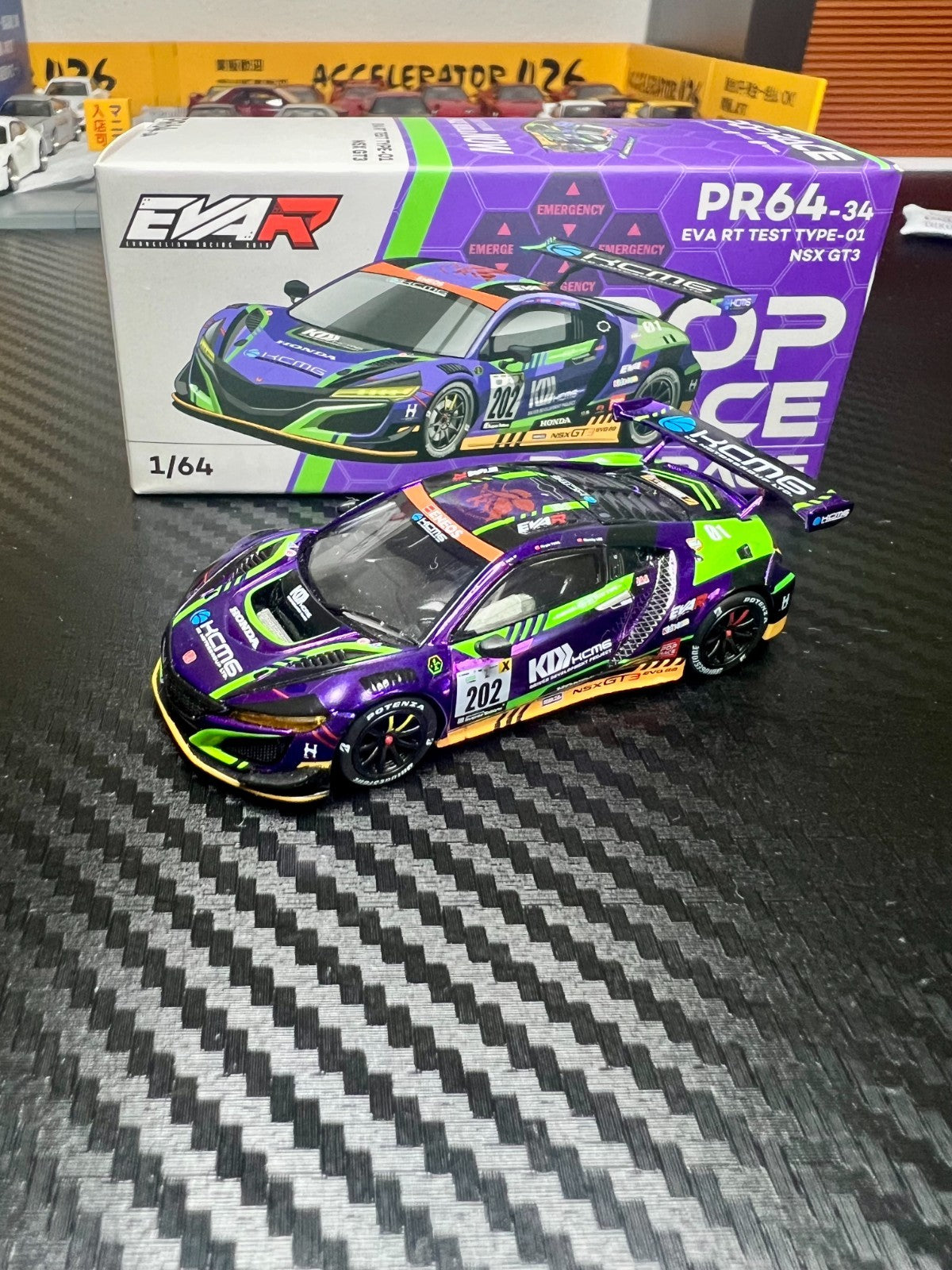 Pop Race 1/64 Honda NSX GT3 EVO22 EVA TEST TYPE-01 KCMG N0.202 PR64-34 Mint