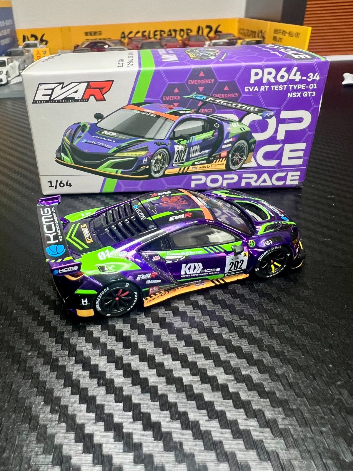 Pop Race 1/64 Honda NSX GT3 EVO22 EVA TEST TYPE-01 KCMG N0.202 PR64-34 Mint
