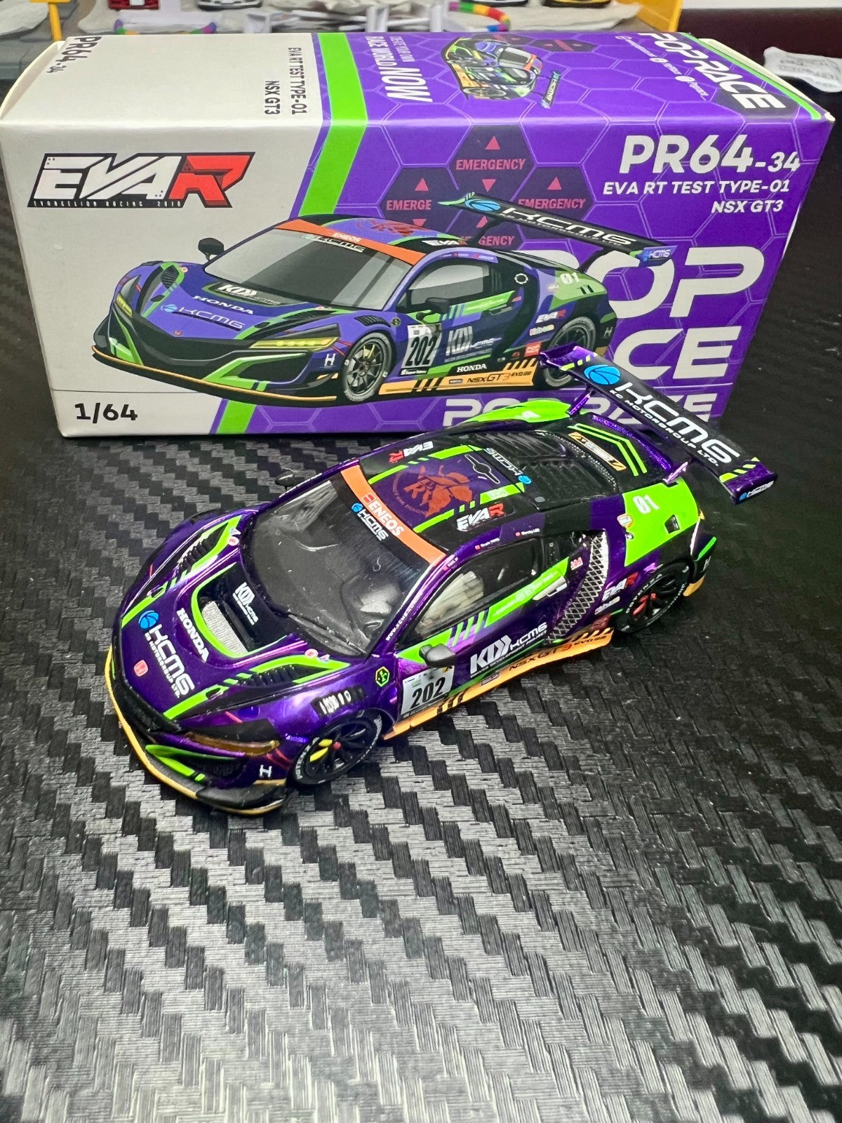 Pop Race 1/64 Honda NSX GT3 EVO22 EVA TEST TYPE-01 KCMG N0.202 PR64-34 Mint