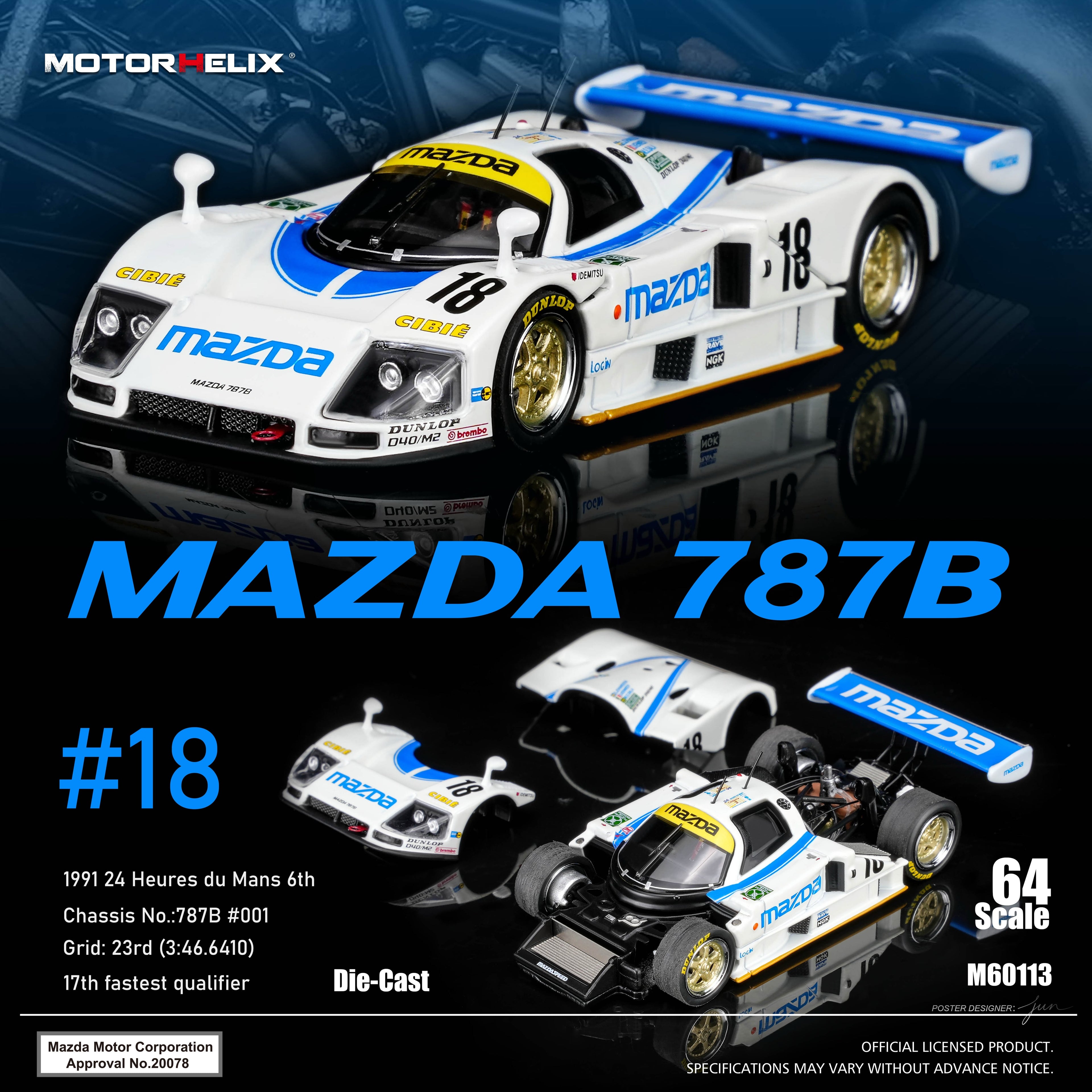 (Preorder) Motorhelix 1:64 Mazda 787B #18 White/Blue M60113
