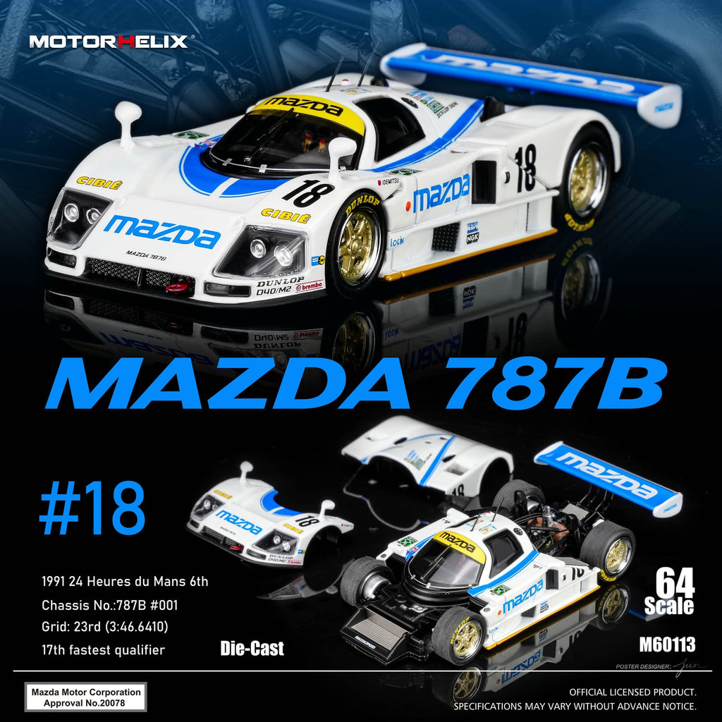 Motorhelix 1:64 Mazda 787B #18 White/Blue M60113