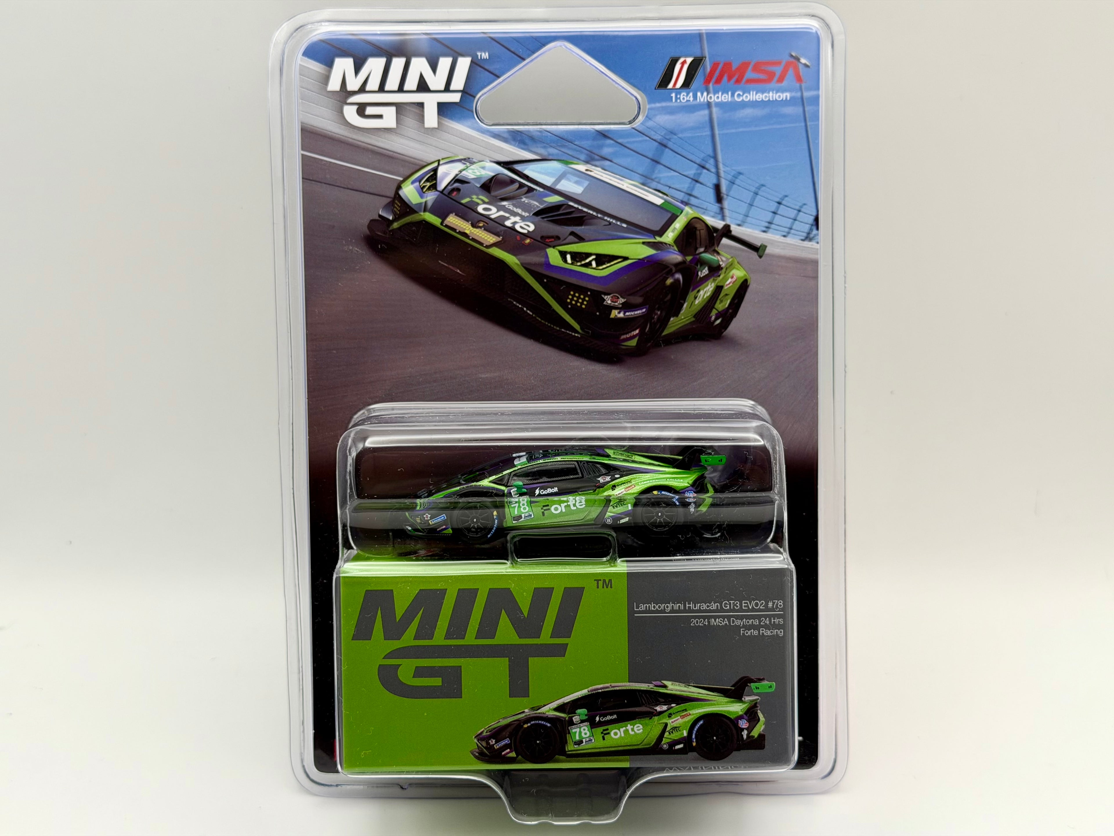 Mini GT 1:64 Lamborghini Huracán GT3 EVO2 #78 Forte Racing 2024 IMSA #1062