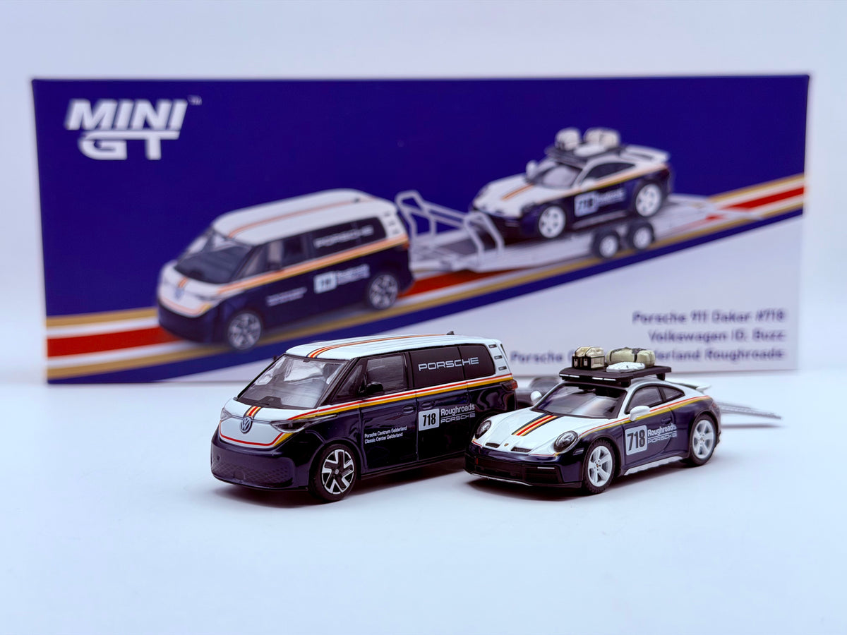 Mini GT 1:64 Porsche 911 Dakar #718 / Volkswagen ID. Buzz Porsche Centrum Gelderland Roughroads Set