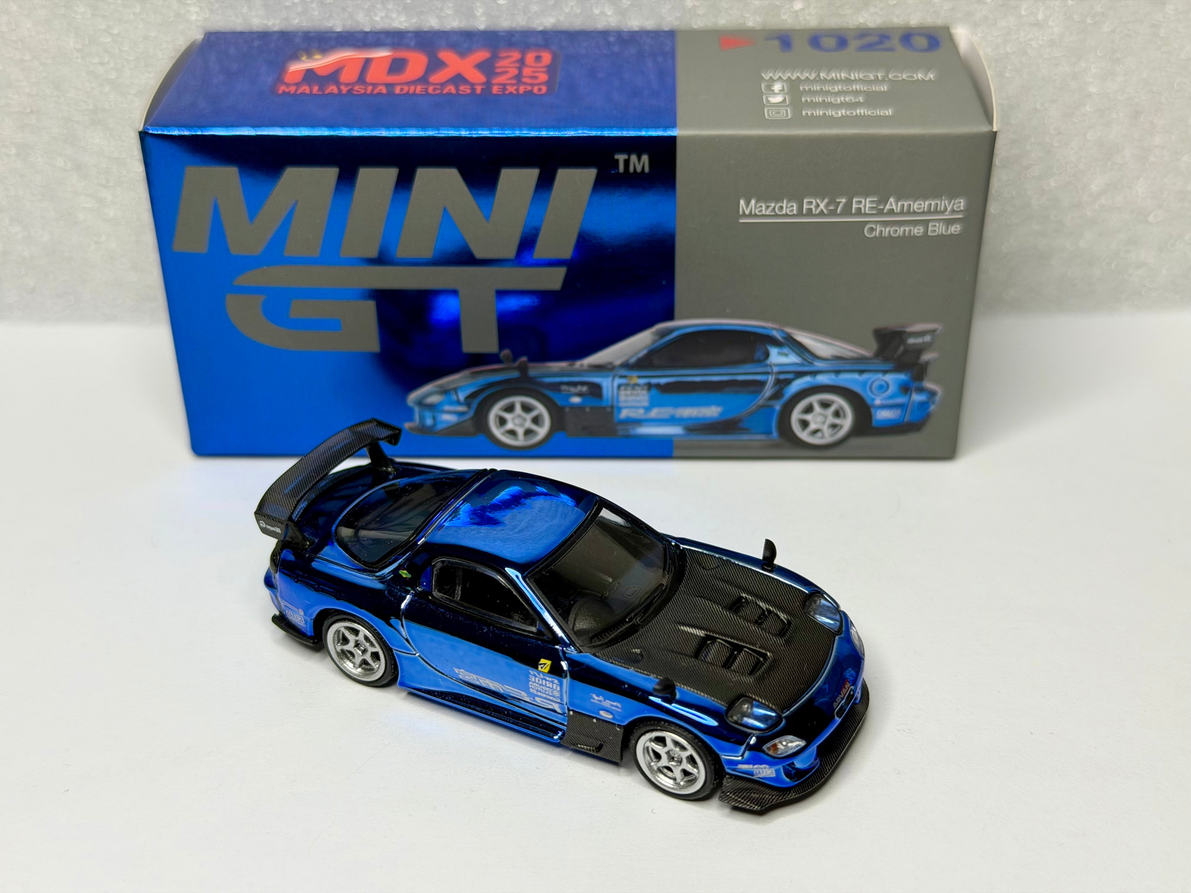 Mini GT 1:64 Mazda RX-7 RE-Amemiya Chrome Blue MDX Event Exclusive 2025 #1020 Opened