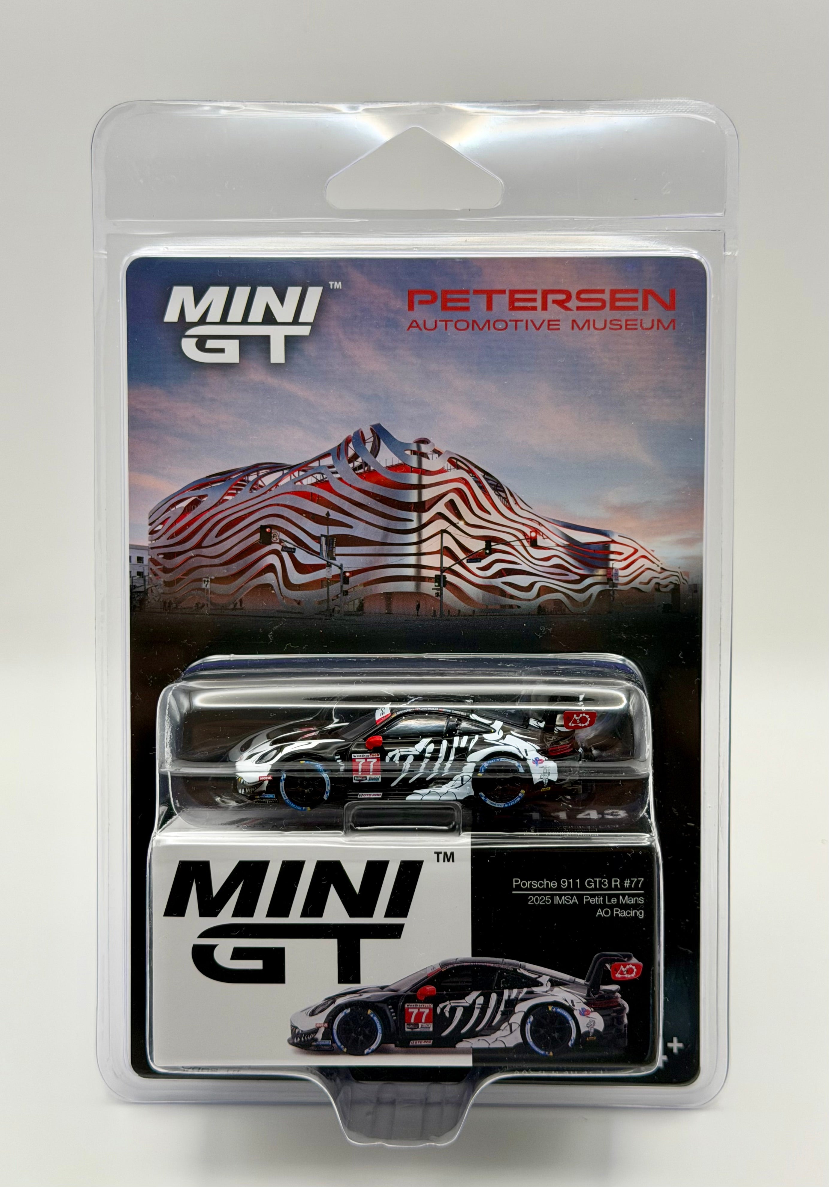 Mini GT 1:64 Porsche 911 GT3 R #77 AO Racing Skeleton Rexy Petersen Museum Exclusive #1043