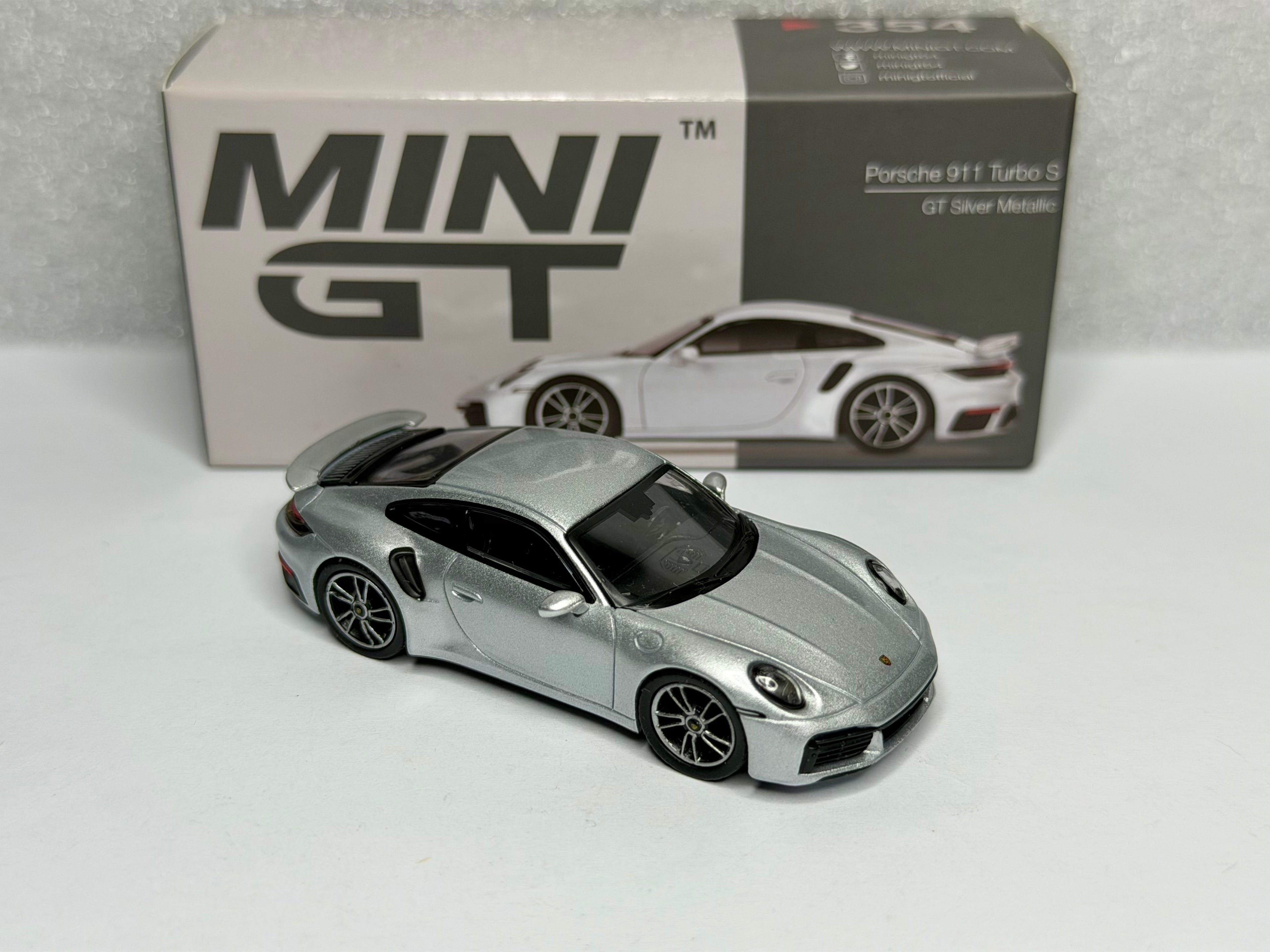 Mini GT 1:64 Porsche 911 Turbo S GT Silver Metallic #354 Opened
