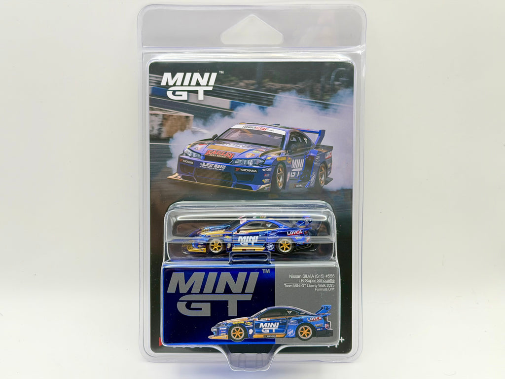 Mini GT 1:64 Nissan LB-Super Silhouette S15 SILVIA #555 Team MINI GT Liberty Walk 2025 Formula Drift – Chrome Blue #1157