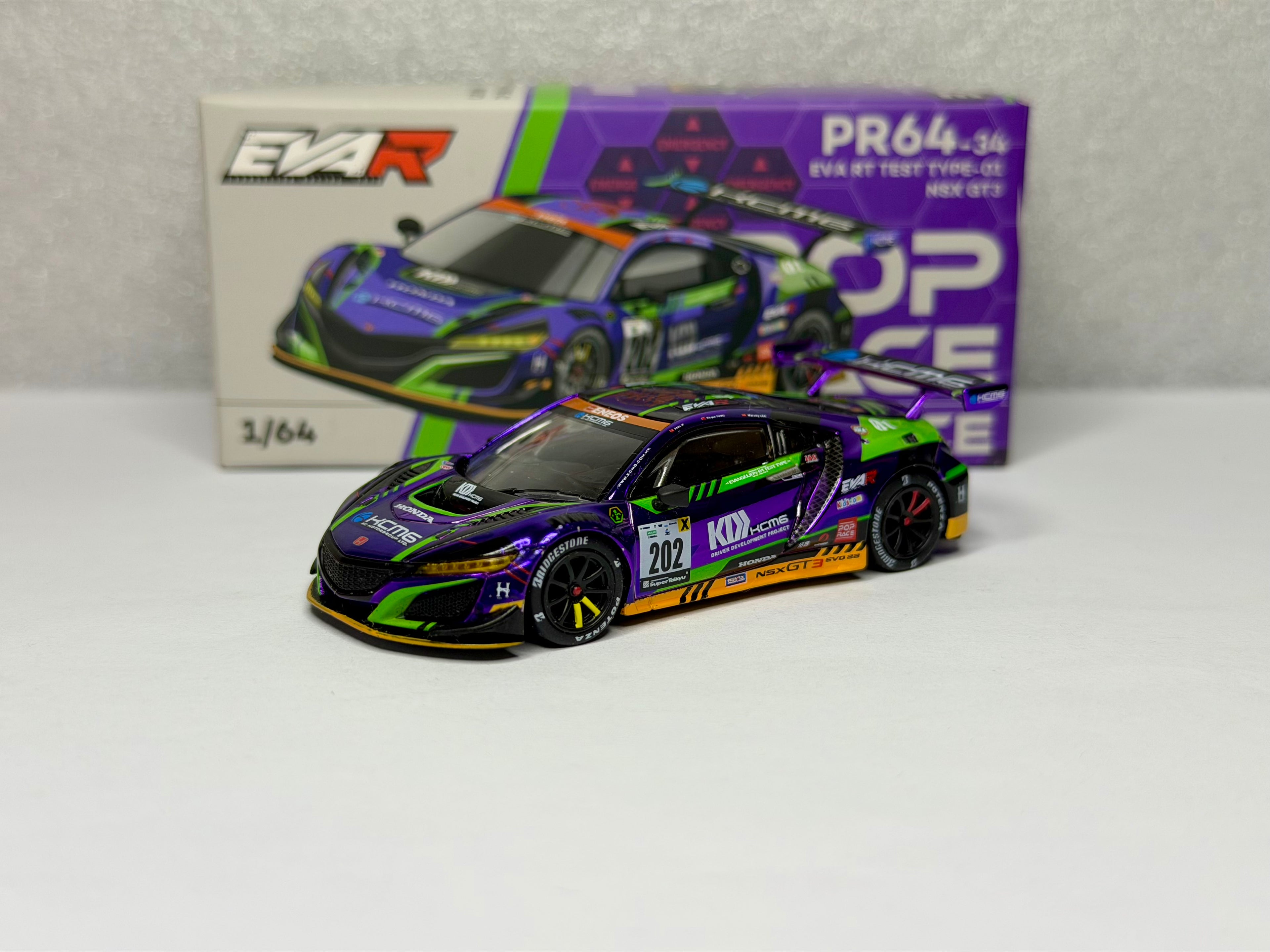 Pop Race 1/64 Honda NSX GT3 EVO22 EVA TEST TYPE-01 KCMG N0.202 PR64-34 Mint