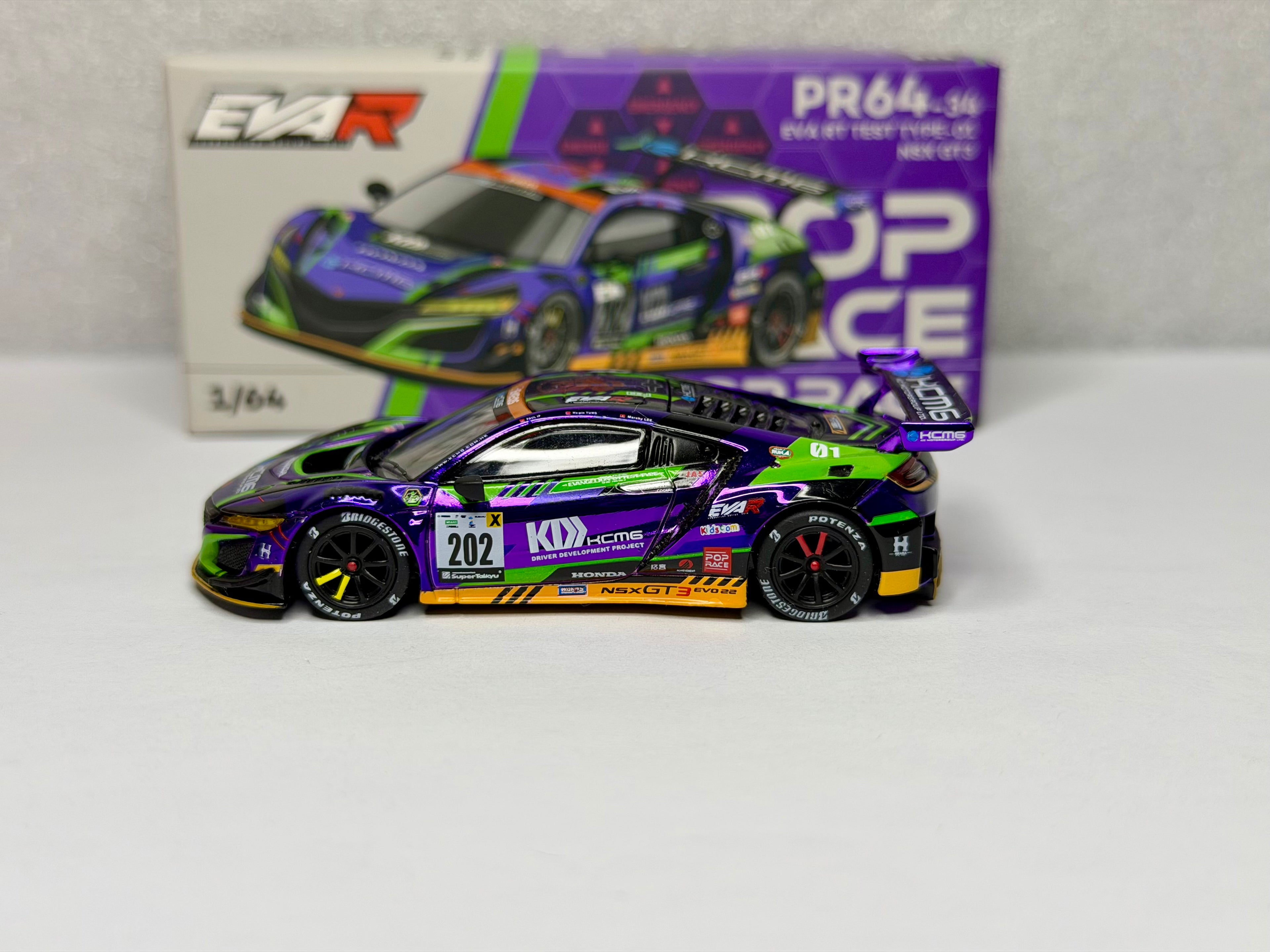 Pop Race 1/64 Honda NSX GT3 EVO22 EVA TEST TYPE-01 KCMG N0.202 PR64-34 Mint