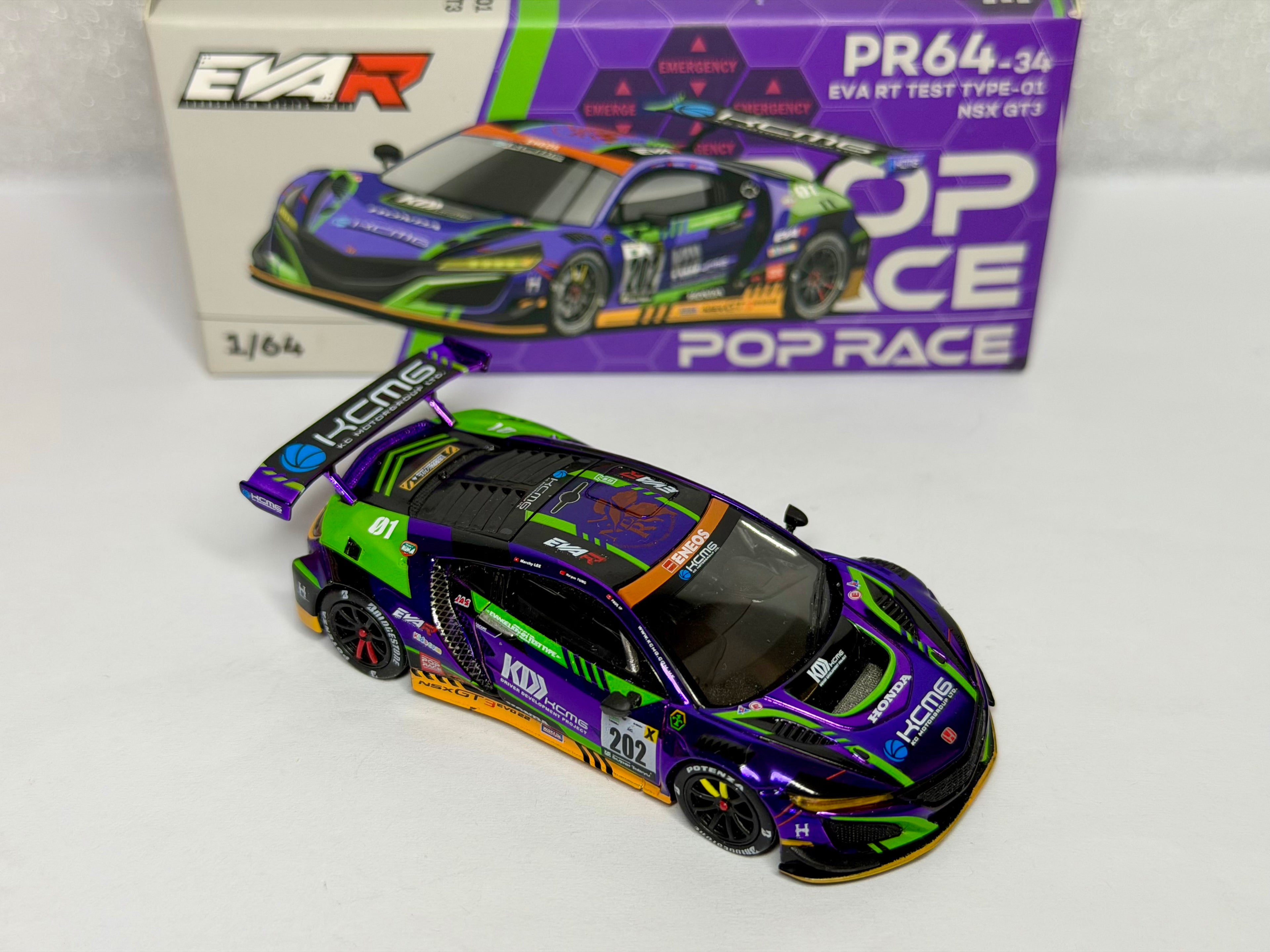 Pop Race 1/64 Honda NSX GT3 EVO22 EVA TEST TYPE-01 KCMG N0.202 PR64-34 Mint