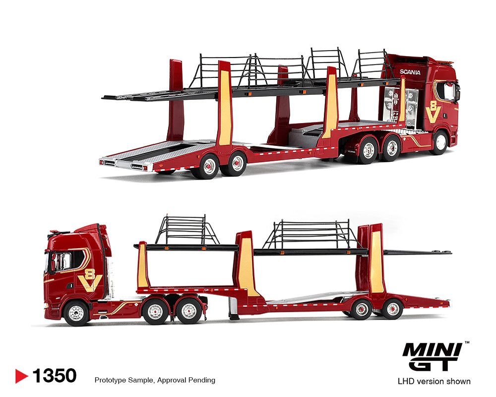 (Preorder) Mini GT 1:64 Scania 770S A6x4NA Car Transporter V8 50th anniversary + Car transporter – Red #1350