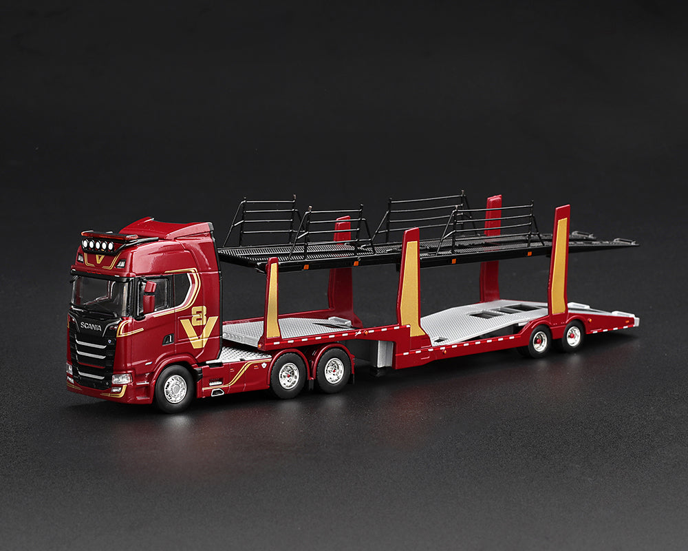 (Preorder) Mini GT 1:64 Scania 770S A6x4NA Car Transporter V8 50th anniversary + Car transporter – Red #1350