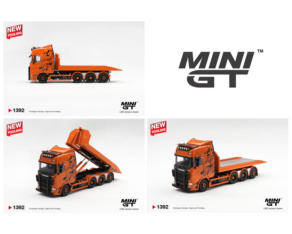 (Preorder) Mini GT 1:64 Scania 770S B8x4NA Hooklift Flatbed Orange #1392