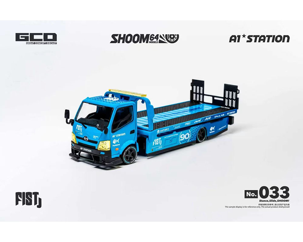 (Preorder) SHOOM64 1:64 FIST TEAM Hino 300 Custom Drop-Bed Car Carrier Blue