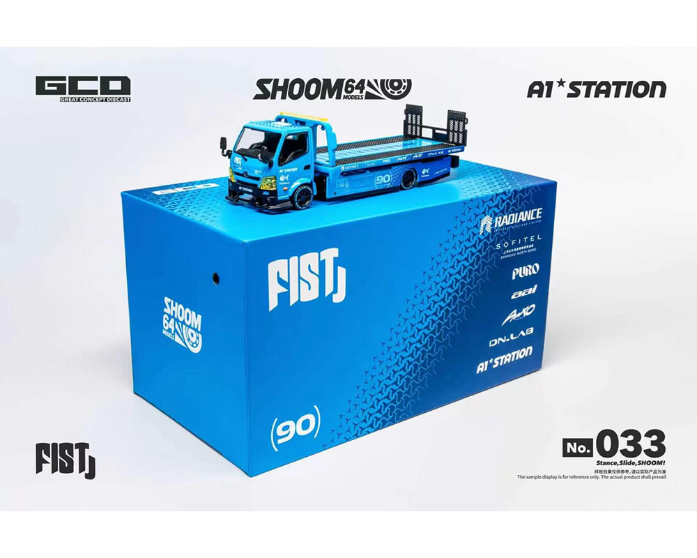 (Preorder) SHOOM64 1:64 FIST TEAM Hino 300 Custom Drop-Bed Car Carrier Blue