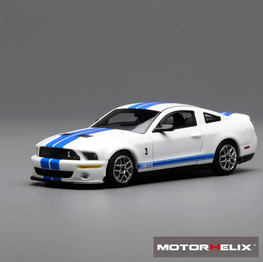 Motorhelix x Greenlight 1:64 Ford Mustang Shelby GT500 2007 White with Blue Stripe