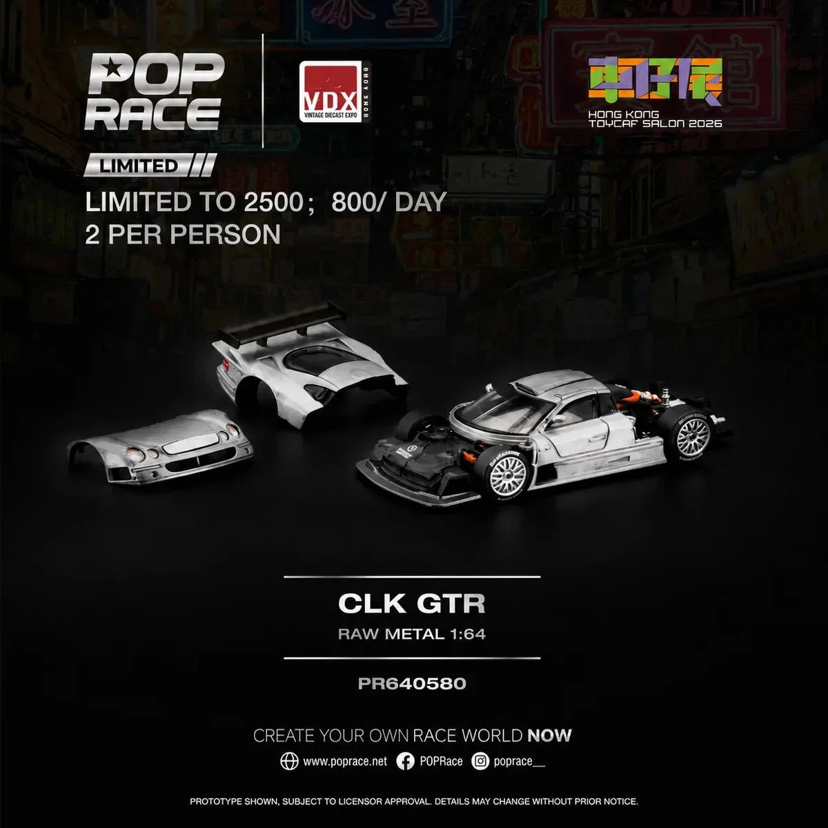Pop Race x VDX 1:64 Mercedes-Benz CLK GTR Raw Metal Hong Kong Toycar Salon 2026 Exclusive